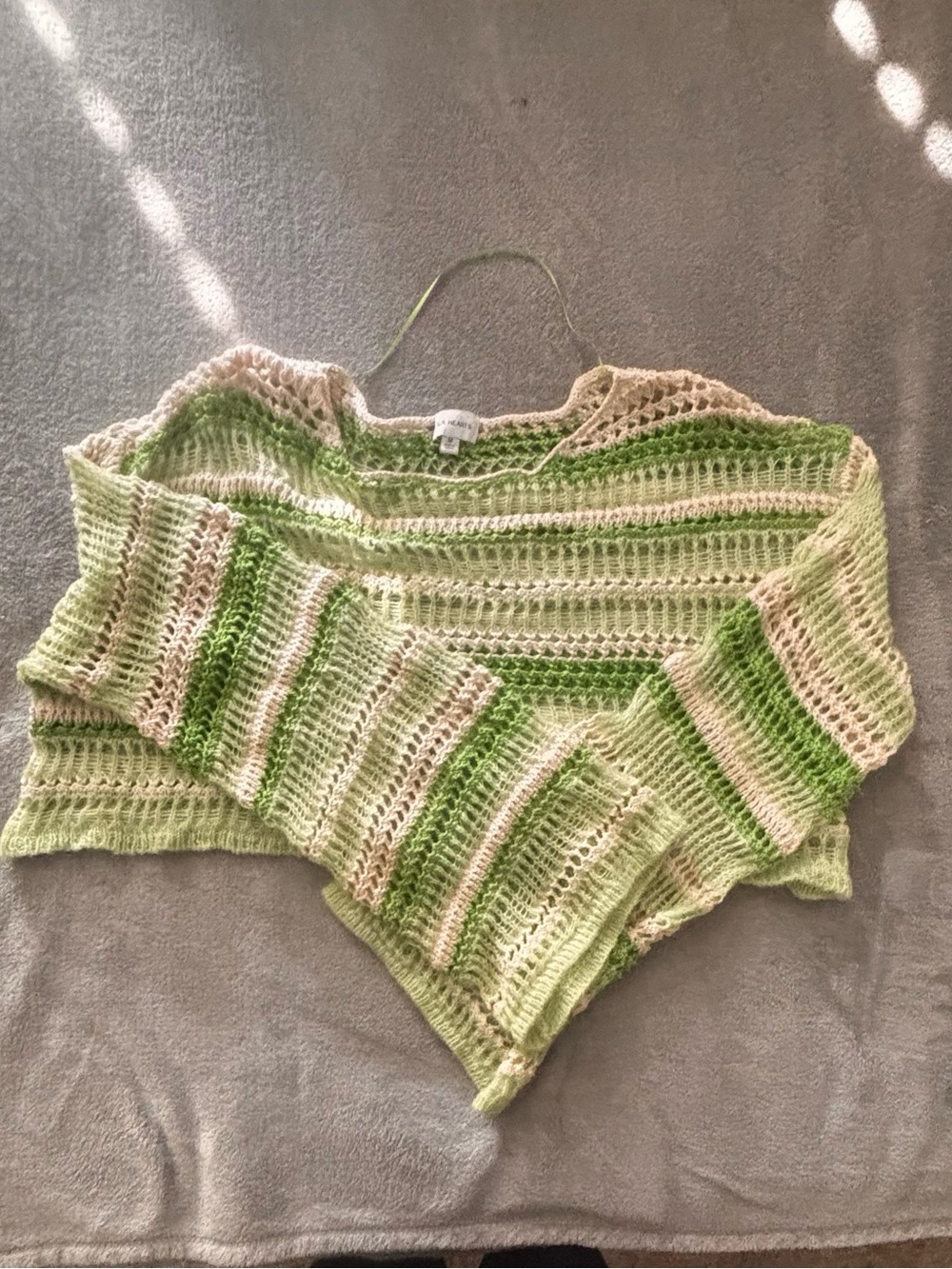 La Hearts Green and Cream Open-Knit Off-Shoulder Sweater/Cover-up